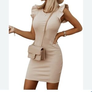 Chic Beige Ruffle Sleeve Mini Dress NWOT